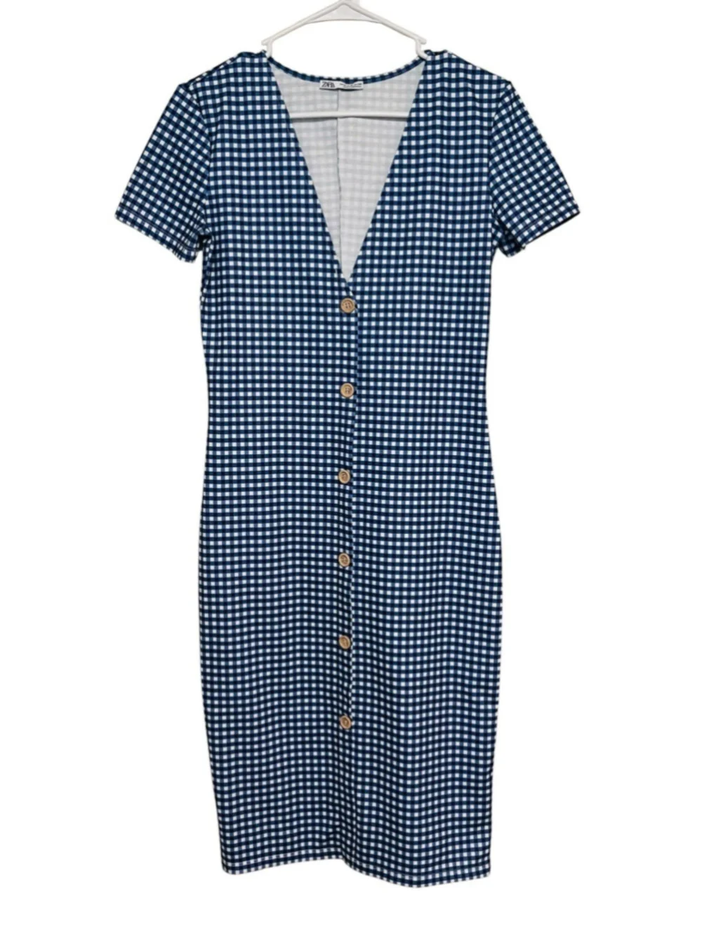 Zara Gingham Checked Dress Womens Medium Blue White Midi Stretch Summer Vacation - Picture 1 of 7